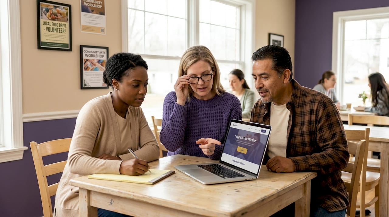 Nonprofit team collaborating around landing page