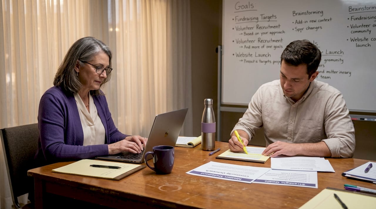 Two nonprofit board members drafting mission at table