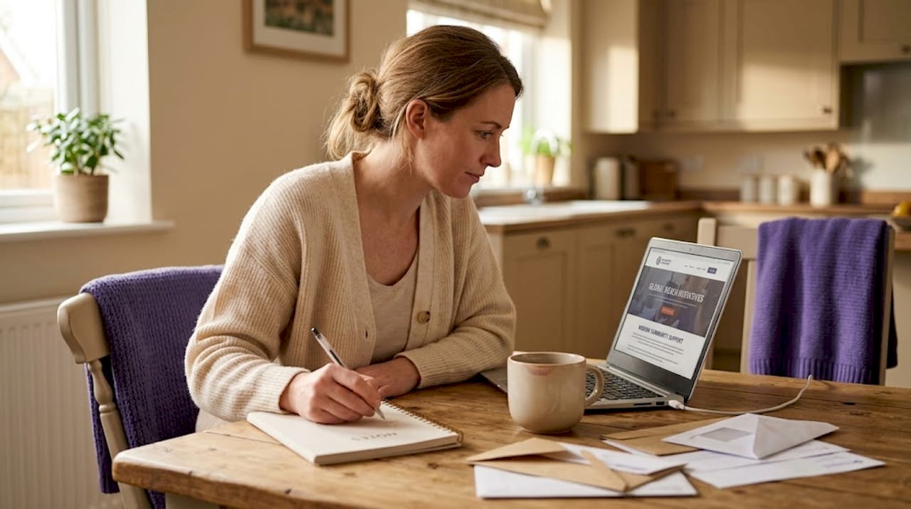 Donor reading nonprofit website at kitchen table