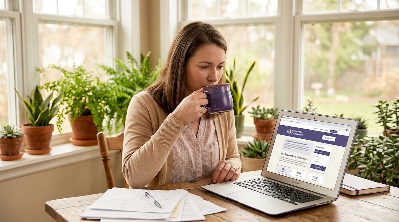 Person reviewing donation page on laptop at home