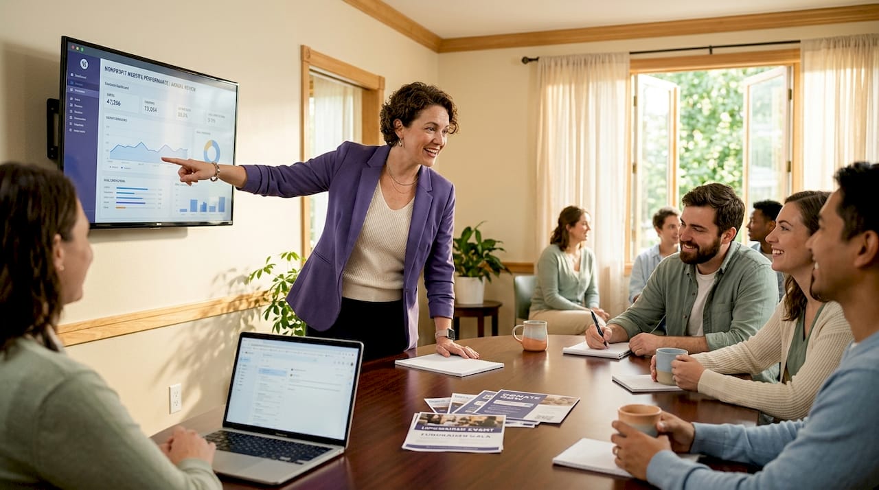 Nonprofit team meeting reviews website analytics