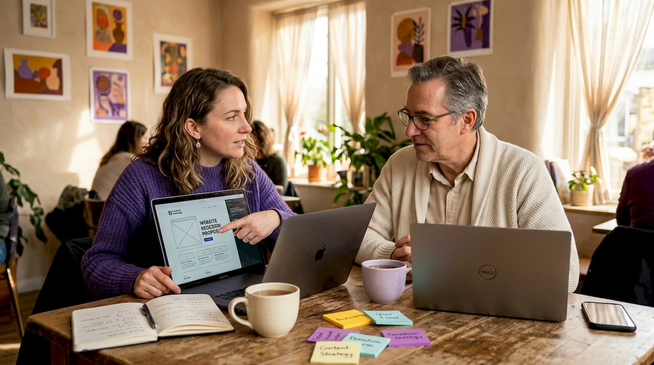 Nonprofit coworkers collaborating in sunlit office
